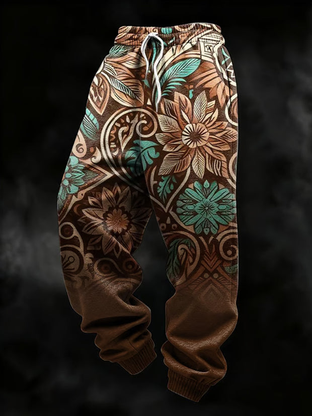 Men's Retro Western Art Print Textured Casual Loose Sweatpants