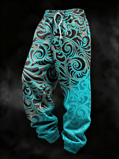 Men's Retro Western Art Print Textured Casual Loose Sweatpants