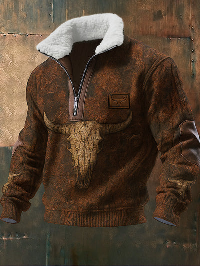 Men's Retro Western Style Print Jacquard Fabric Zipper Fur Collar Long Sleeve Sweatshirt