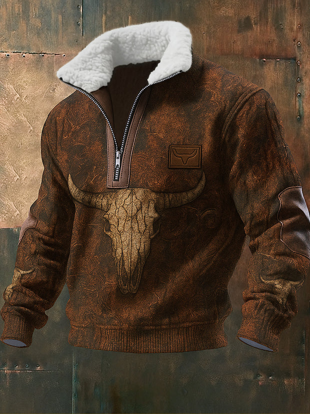Men's Retro Western Style Print Jacquard Fabric Zipper Fur Collar Long Sleeve Sweatshirt