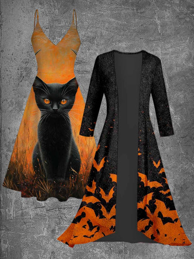 Gothic Cat Art Print Vintage Camisole Dress Long Sleeve Two-Piece Midi Dress