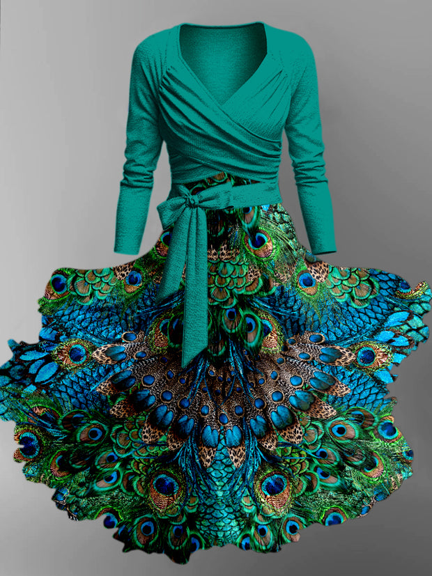 Retro Floral Art Printed Vintage Unique Slim Fit Cross Wrap Long Sleeve Two-Piece Midi Dress