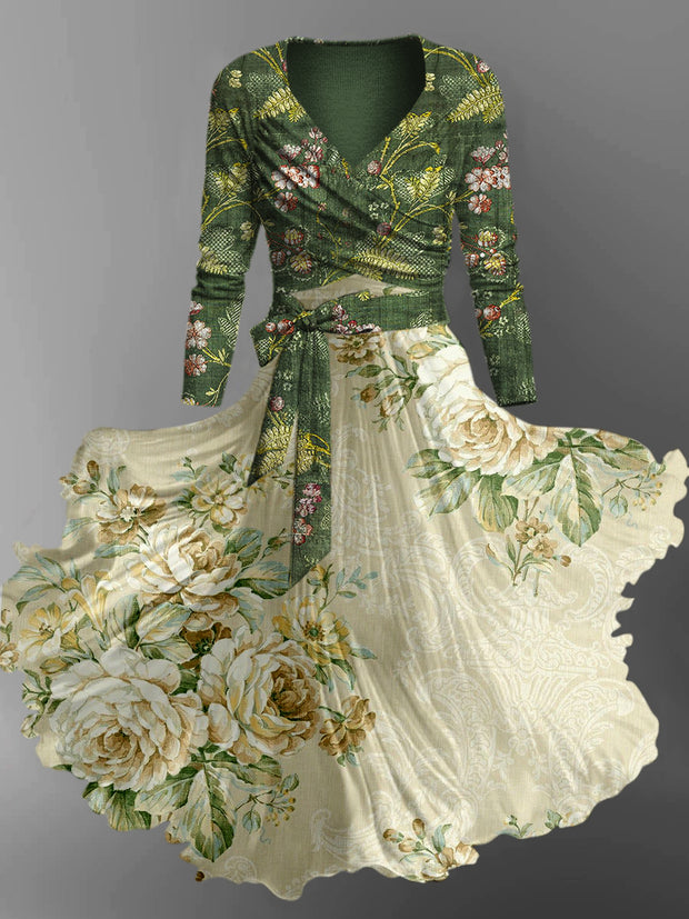 Retro Floral Art Printed Vintage Unique Slim Fit Cross Wrap Long Sleeve Two-Piece Midi Dress