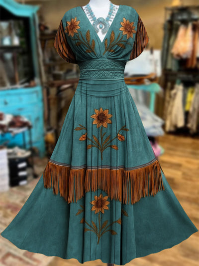 Retro Suede Fringes Floral Carved Art V-Neck Vintage Batwing Short Sleeve Maxi Dress