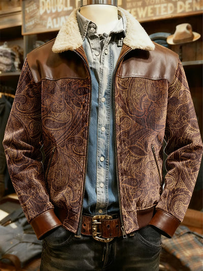 Men's Retro Western Style Print Casual Wool-Neck Lapel Zipper Jacket