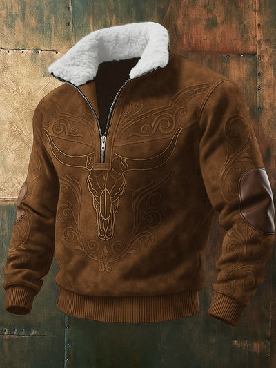 Men's Retro Western Style Print Jacquard Fabric Zipper Fur Collar Long Sleeve Sweatshirt