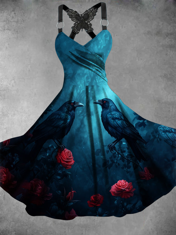 Retro Halloween Gothic Floral Art Printed Vintage V-Neck Pleated Butterfly Cross-Wrap Midi Dress