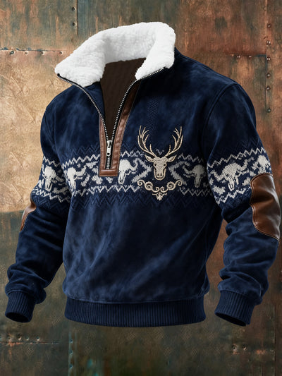 Men's Retro Western Style Print Jacquard Fabric Zipper Fur Collar Long Sleeve Sweatshirt