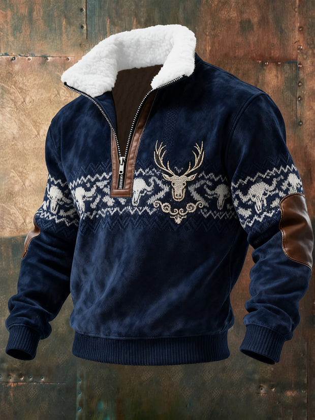 Men's Retro Western Style Print Jacquard Fabric Zipper Fur Collar Long Sleeve Sweatshirt