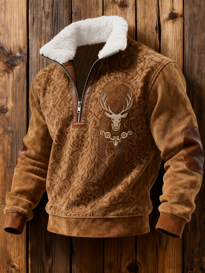 Men's Retro Western Style Print Jacquard Fabric Zipper Fur Collar Long Sleeve Sweatshirt