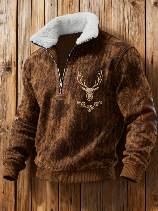 Men's Retro Western Style Print Jacquard Fabric Zipper Fur Collar Long Sleeve Sweatshirt