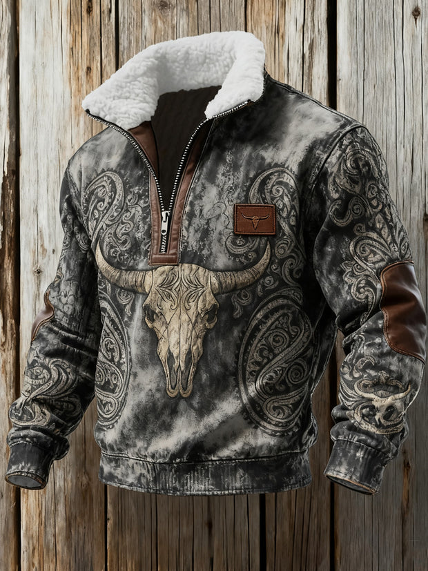 Men's Retro Western Style Print Jacquard Fabric Zipper Fur Collar Long Sleeve Sweatshirt