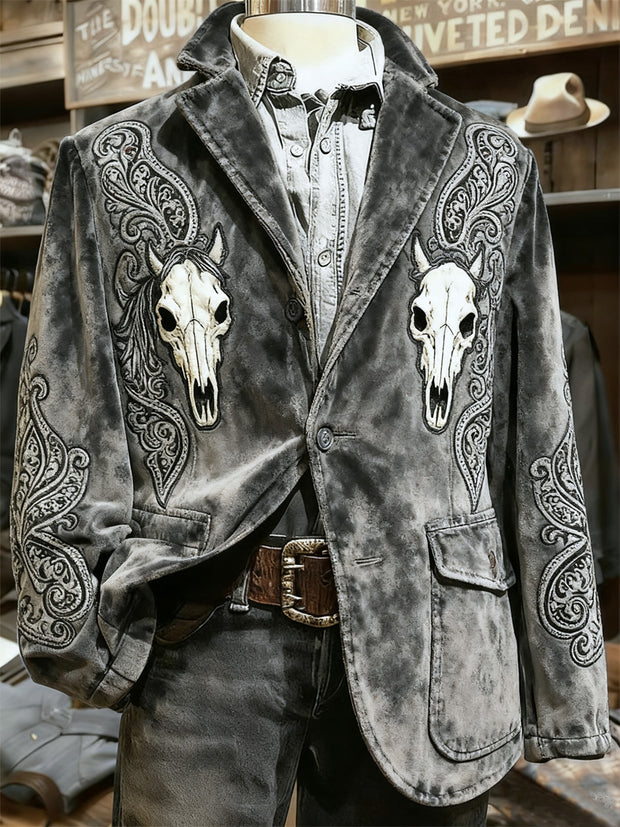 Men's Retro Western Style Skull Art Print Casual Corduroy Pocket Blazers