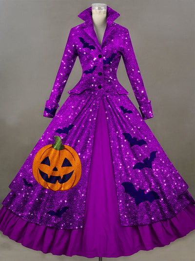 Retro Floral Art Printed Vintage Lapel V-Neck Button Up Double Hem Long-Sleeved Midi Dress