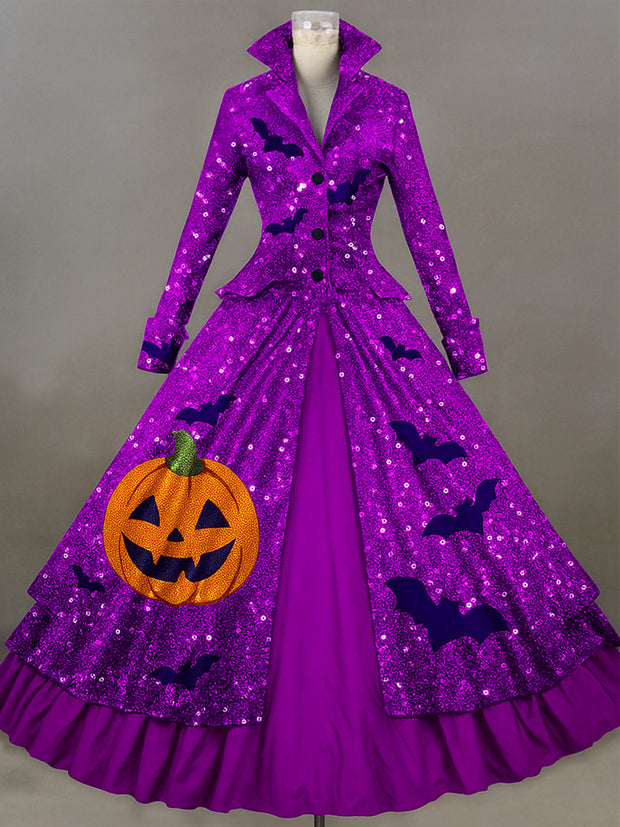 Retro Floral Art Printed Vintage Lapel V-Neck Button Up Double Hem Long-Sleeved Midi Dress