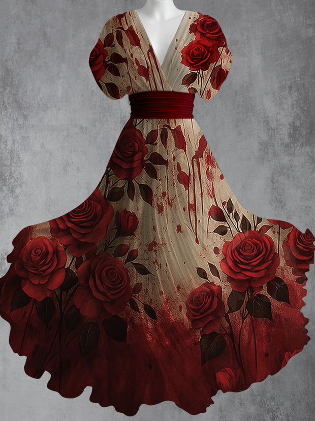 Retro Skull Gothic Floral Art Printed Elegant V-Neck Vintage Short Sleeve Maxi Dress