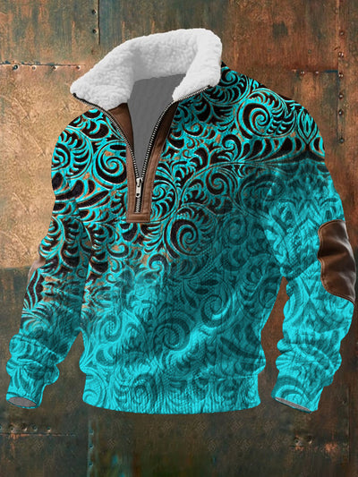 Men's Retro Western Style Art Print Jacquard Fabric Zipper Fur Collar Long Sleeve Sweatshirt