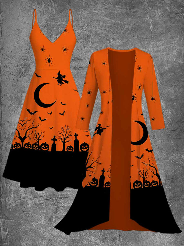 Retro Gothic Art Printed Vintage Camisole Dress Long Sleeve Two-Piece Midi Dress