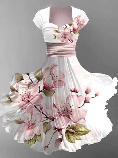 Retro Floral Art Printed Vintage V-Neck Pleated Waist Short Sleeve Midi Dress