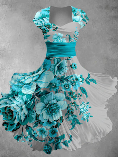 Retro Floral Art Printed Vintage V-Neck Pleated Waist Short Sleeve Midi Dress