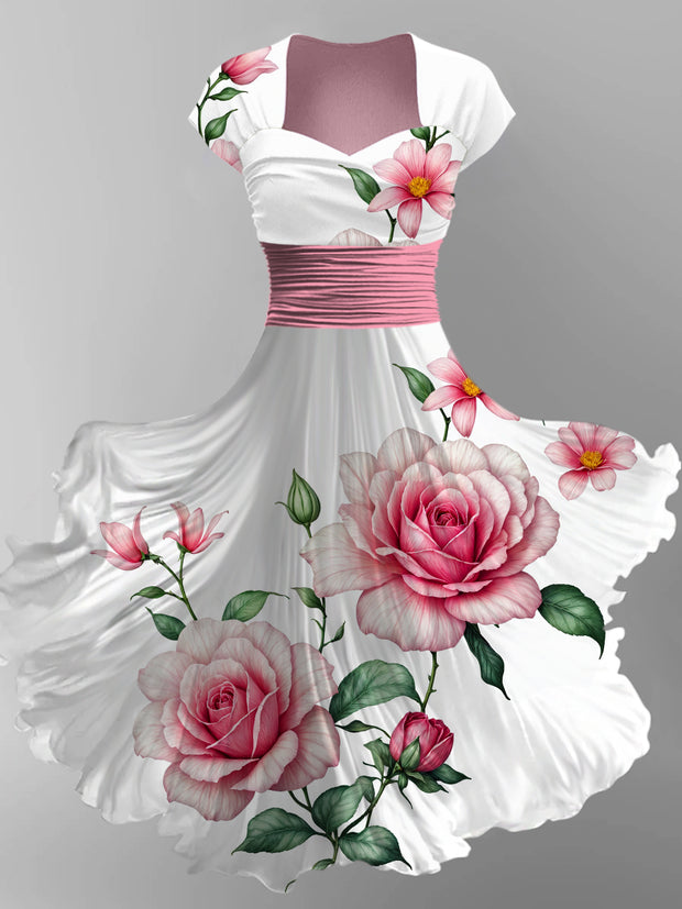 Retro Floral Art Printed Vintage V-Neck Pleated Waist Short Sleeve Midi Dress