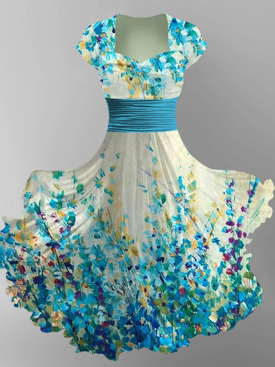 Retro Floral Art Printed Vintage V-Neck Pleated Waist Short Sleeve Midi Dress