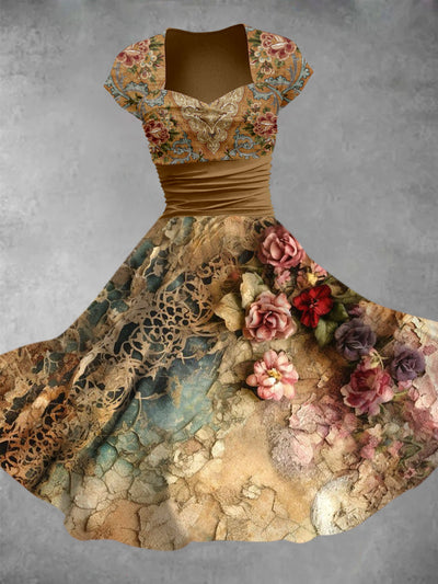 Retro Floral Art Printed Vintage V-Neck Pleated Waist Short Sleeve Midi Dress