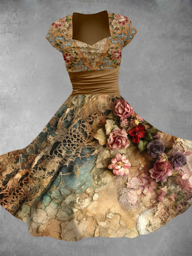 Retro Floral Art Printed Vintage V-Neck Pleated Waist Short Sleeve Midi Dress