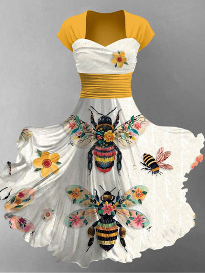 Retro Floral Art Printed Vintage V-Neck Pleated Waist Short Sleeve Midi Dress