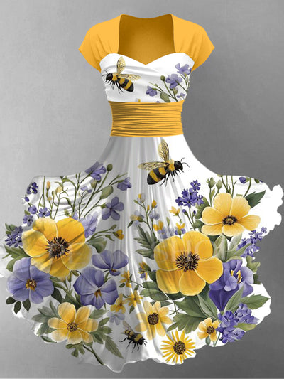 Retro Floral Art Printed Vintage V-Neck Pleated Waist Short Sleeve Midi Dress