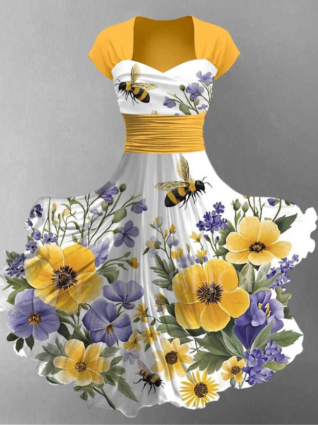 Retro Floral Art Printed Vintage V-Neck Pleated Waist Short Sleeve Midi Dress