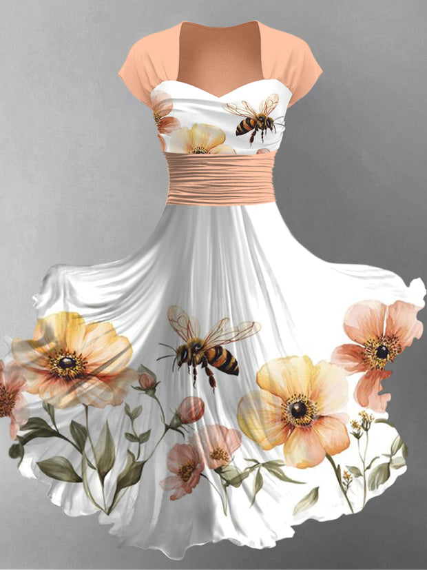 Retro Floral Art Printed Vintage V-Neck Pleated Waist Short Sleeve Midi Dress