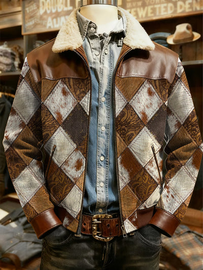 Men's Retro Western Style Print Casual Wool-Neck Lapel Zipper Jacket