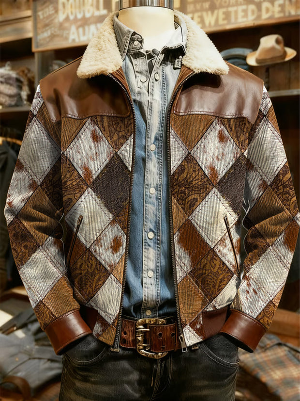 Men's Retro Western Style Print Casual Wool-Neck Lapel Zipper Jacket
