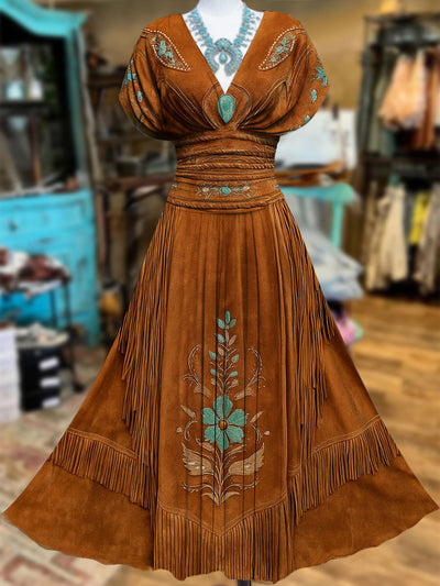 Retro Suede Fringes Floral Carved Art V-Neck Vintage Batwing Short Sleeve Maxi Dress
