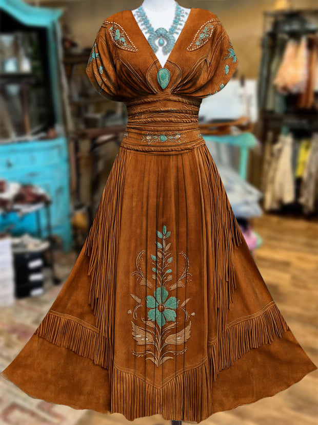 Retro Suede Fringes Floral Carved Art V-Neck Vintage Batwing Short Sleeve Maxi Dress
