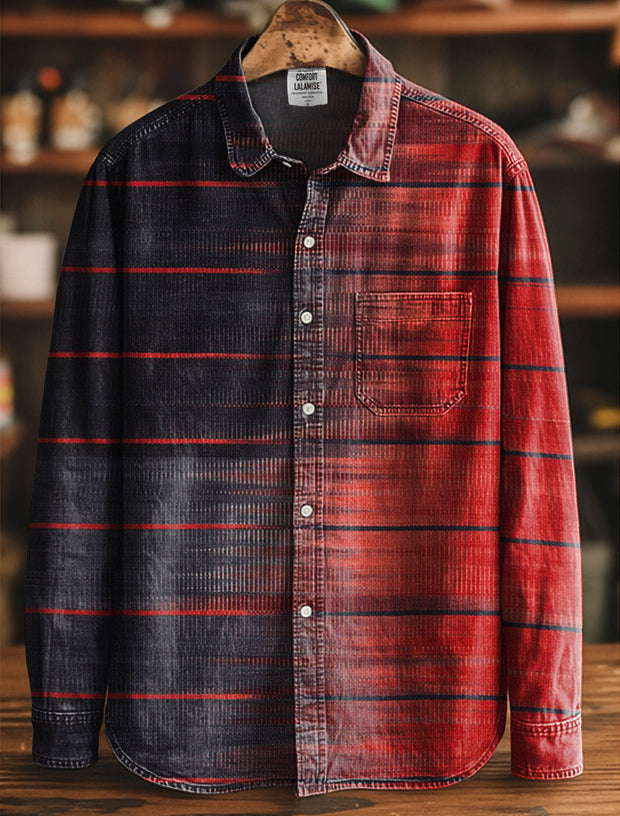 Two-tone Horizontal Stripe Gradient Vintage Print 100% Cotton Casual Long Sleeved Denim Shirt