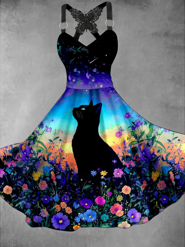 Retro Black Cat Art Printed Vintage V-Neck Pleated Butterfly Cross-Wrap Midi Dress