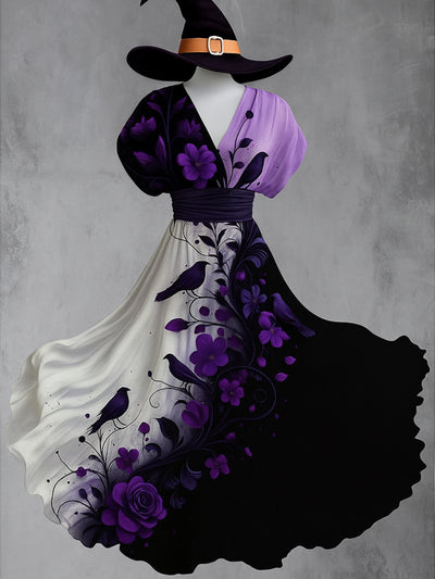 Retro Skull Gothic Floral Art Printed Elegant V-Neck Vintage Short Sleeve Maxi Dress