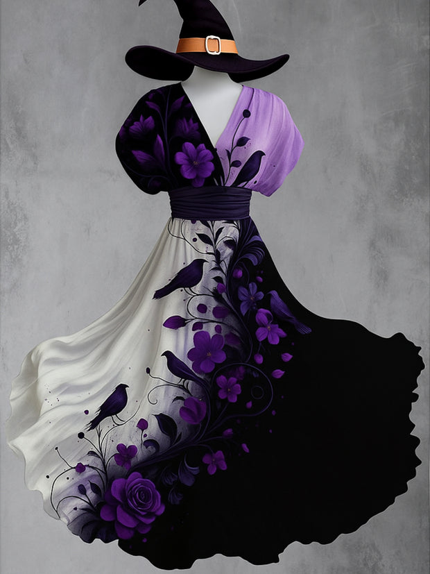 Retro Skull Gothic Floral Art Printed Elegant V-Neck Vintage Short Sleeve Maxi Dress