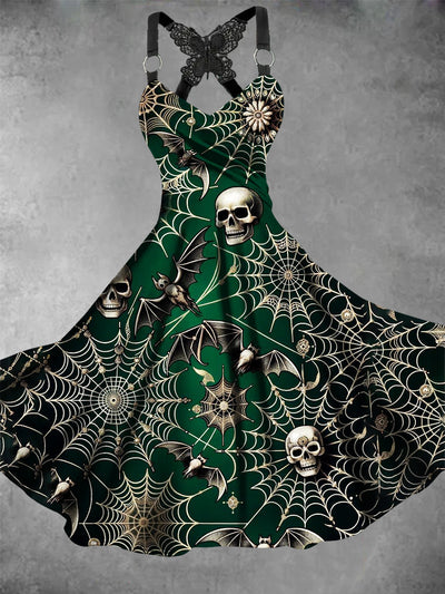 Retro Halloween Gothic Floral Art Printed Vintage V-Neck Pleated Butterfly Cross-Wrap Midi Dress