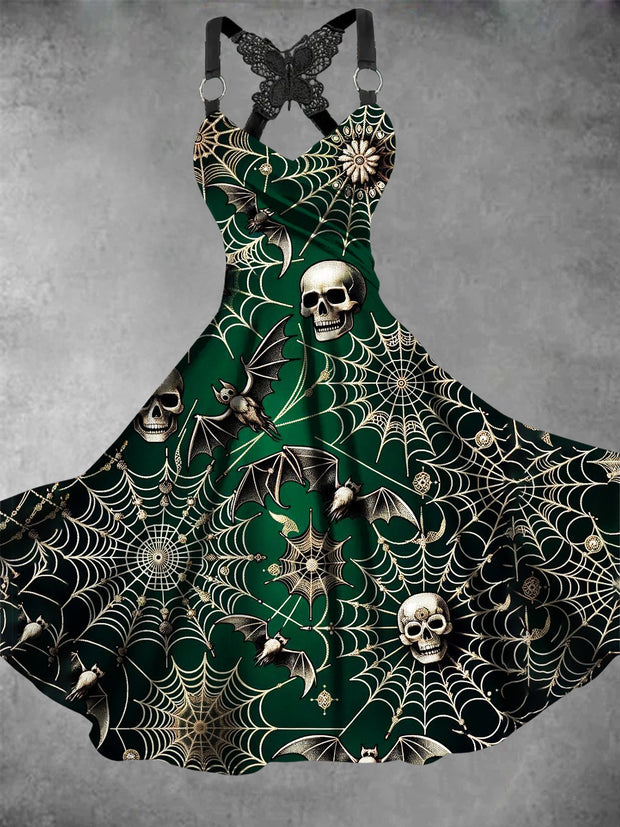 Retro Halloween Gothic Floral Art Printed Vintage V-Neck Pleated Butterfly Cross-Wrap Midi Dress