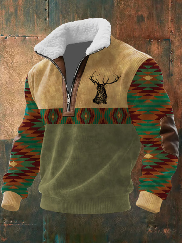 Men's Retro Western Style Art Print Jacquard Fabric Zipper Fur Collar Long Sleeve Sweatshirt