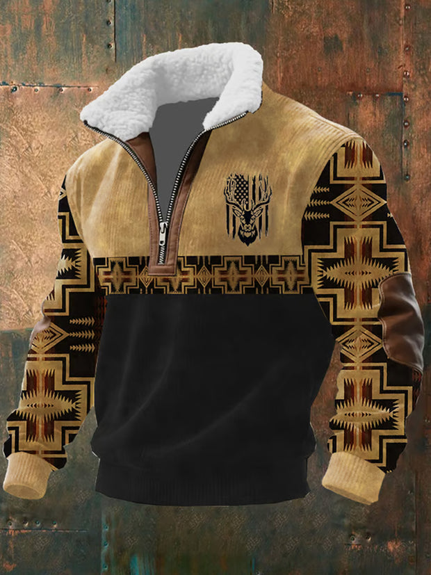 Men's Retro Western Style Art Print Jacquard Fabric Zipper Fur Collar Long Sleeve Sweatshirt