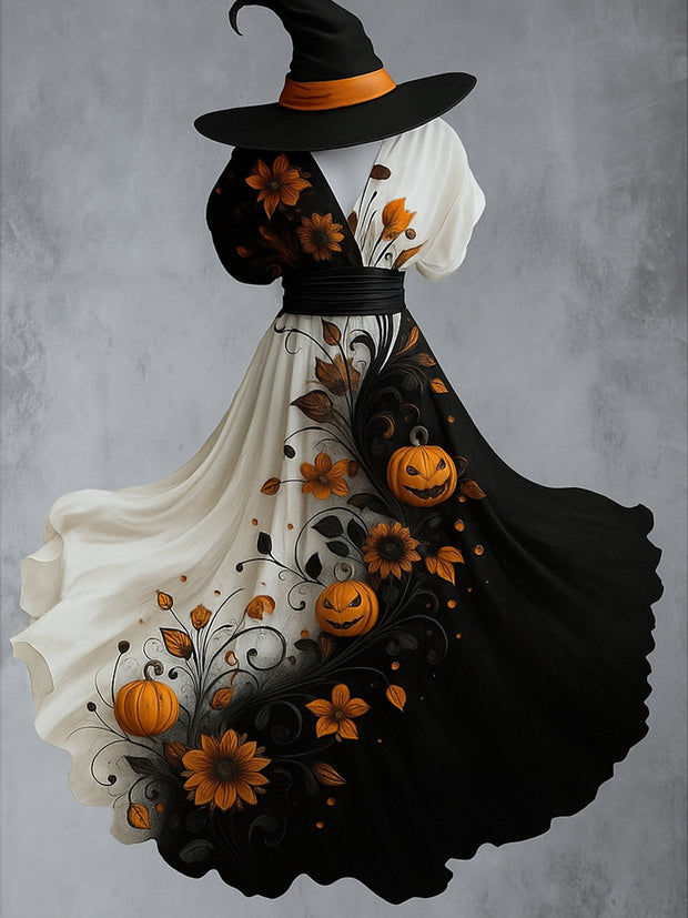 Gothic Pumpkin Art Print V-Neck Vintage Elegant Short Sleeve Maxi Dress