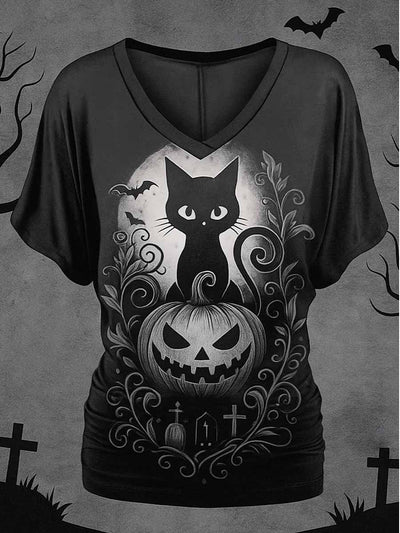 Cat Art Print Vintage V-neck Short Sleeve Top