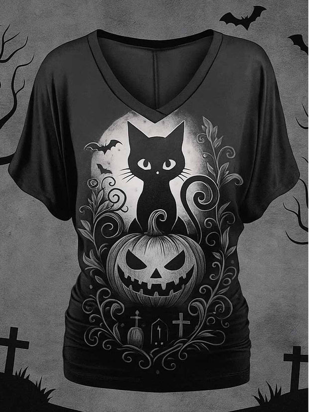 Cat Art Print Vintage V-neck Short Sleeve Top