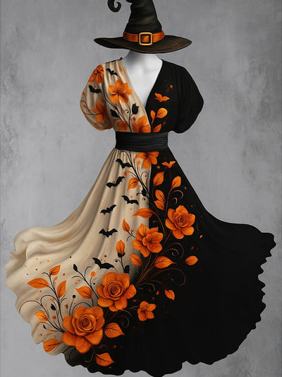 Retro Skull Gothic Floral Art Printed Elegant V-Neck Vintage Short Sleeve Maxi Dress