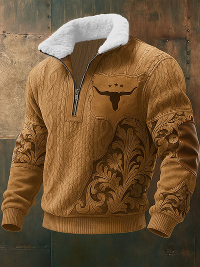 Men's Retro Western Style Art Print Jacquard Fabric Zipper Fur Collar Long Sleeve Sweatshirt
