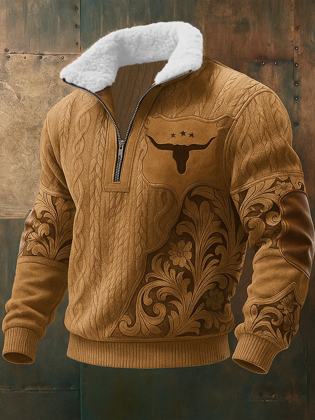 Men's Retro Western Style Art Print Jacquard Fabric Zipper Fur Collar Long Sleeve Sweatshirt